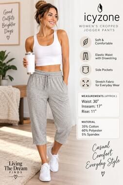 Icyzone Women’s XL Gray Cropped Jogger Pants Drawstring Elastic Waist